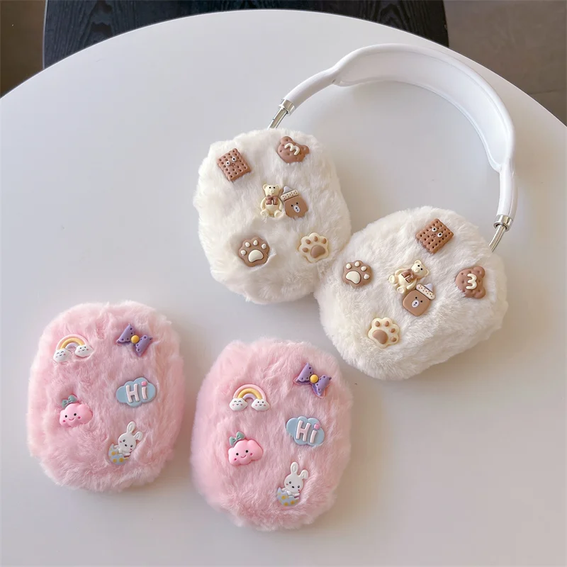 

Корейский милый плюшевый чехол для наушников с радужным кроликом и медведем для Apple Airpods Max, мягкие меховые пушистые чехлы для гарнитуры для Airpod max