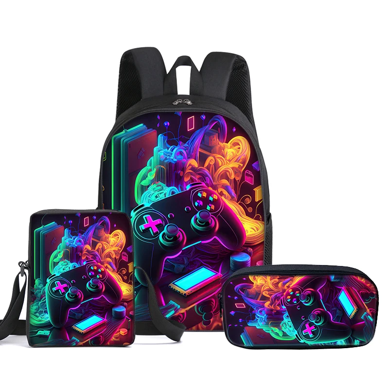 Hot GamePad 3Pcs Set Backpack With Messenger Bags ,Pencil Bag,School Bag For Boy/Girls Best Gift 2D Cartoon Student School Bags