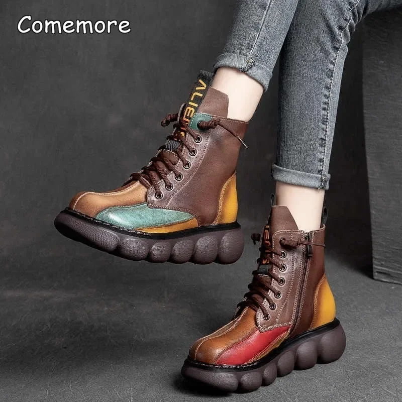 Comemore Women\'s Boots Fashion Chelsea Boot Vintage Short Leather Ankle Boots Autumn Winter 2022 New Leather Patchwork Platform