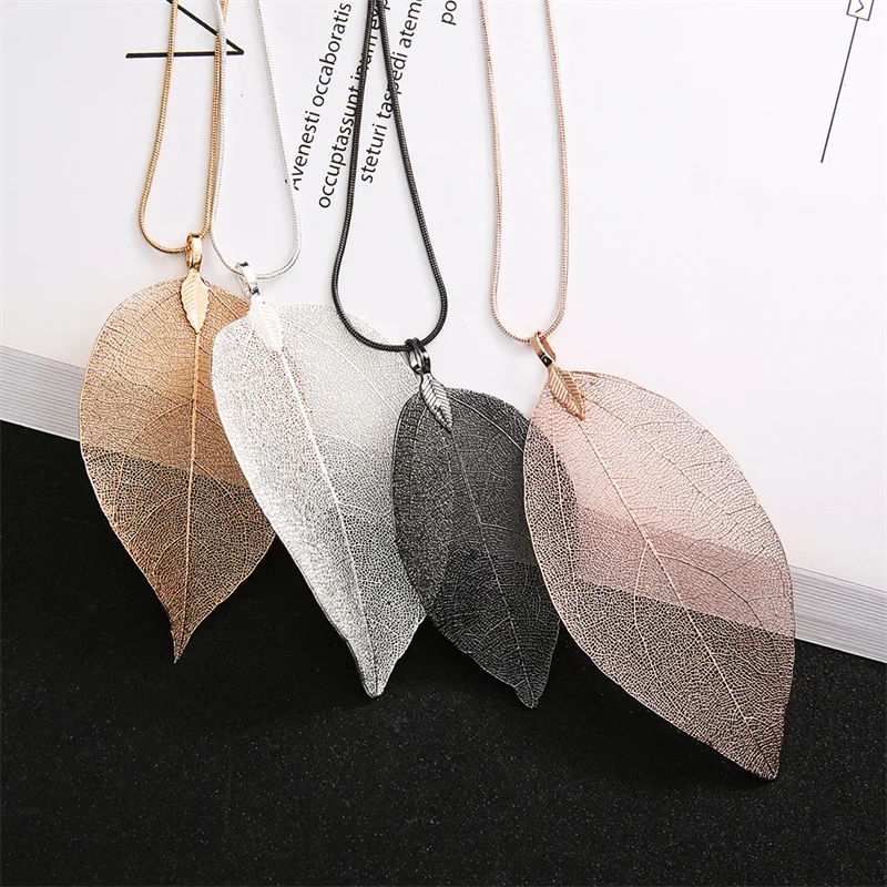 Silver Color Simple Punk Leaves p\\Pendant Long Style Necklace For Women Girl Trendy Fashion Exquisite  Jewelry Accessories Gifts