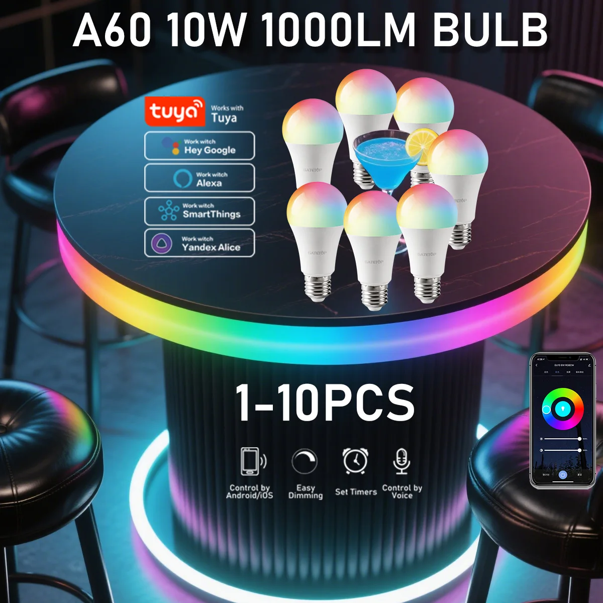 

1-10 шт. E27 лампа Tuya Bluetooth WIFI с регулируемой яркостью 10 Вт светодиодная лампа 2700-6500k RGB Smart Life APP Голос с Alexa Google Home