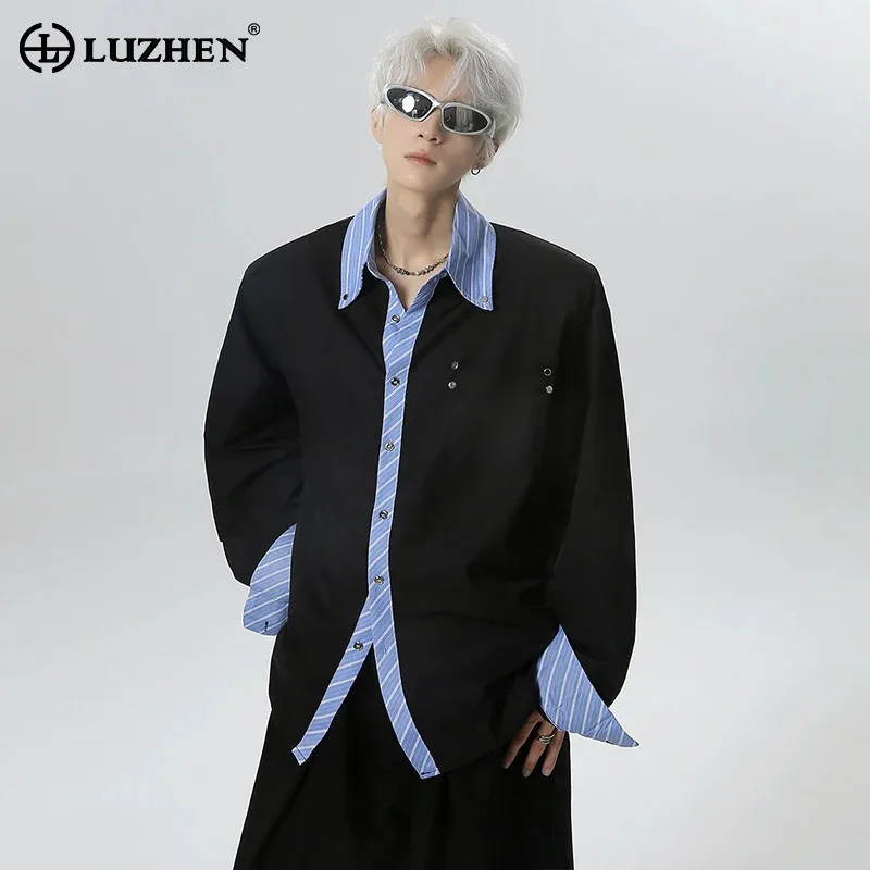 

LUZHEN Цветной контрастный край, искусственный дизайн из двух предметов, свободные рубашки, мужская мода, новинка 2025 года, красивые топы с длинными рукавами JY3652