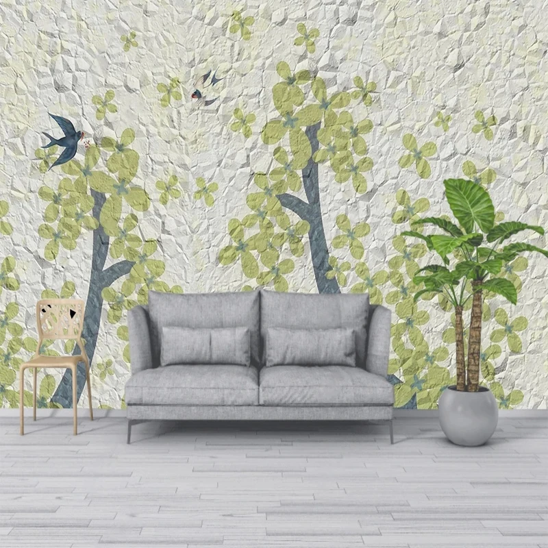Custom Size 3D Wallpaper Cartoon Tree Birds Brick Texture Photo Wall Mural for Kids Bedroom Living Room TV Backdrop Home Decor