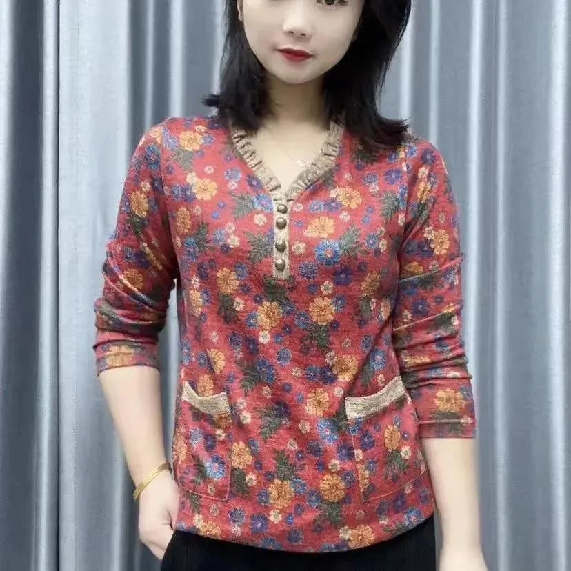 

Женская Винтажная футболка с длинным рукавом, Трикотажная хлопковая свободная футболка с V-образным вырезом, осенняя одежда, базовая футболка, Женский Топ