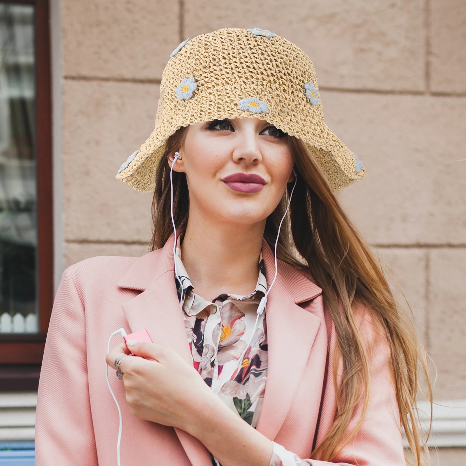 

Blue Flower Straw Hat Women Large Brim Sun Protection Summer Beach Lightweight Foldable Bucket Hats for Outdoor Activities