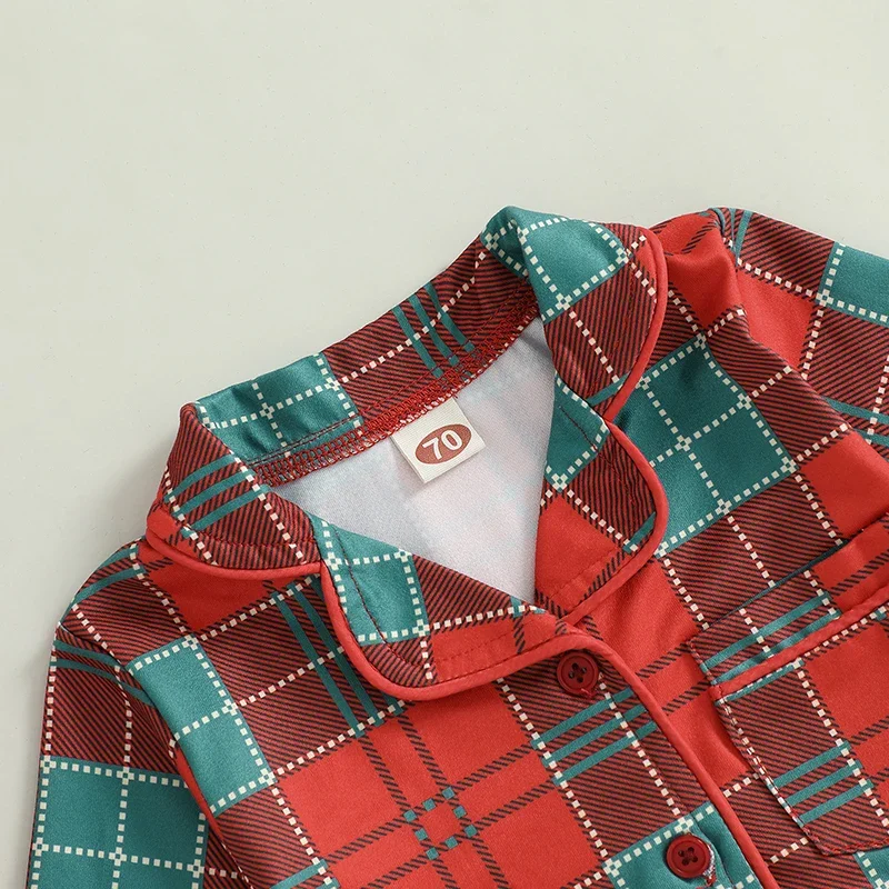 Baby Boy Girls Christmas  Rompers Red Plaid Print Single Breasted Pocket Turn-down Collar Jumpsuits Costume Newborn Clothes