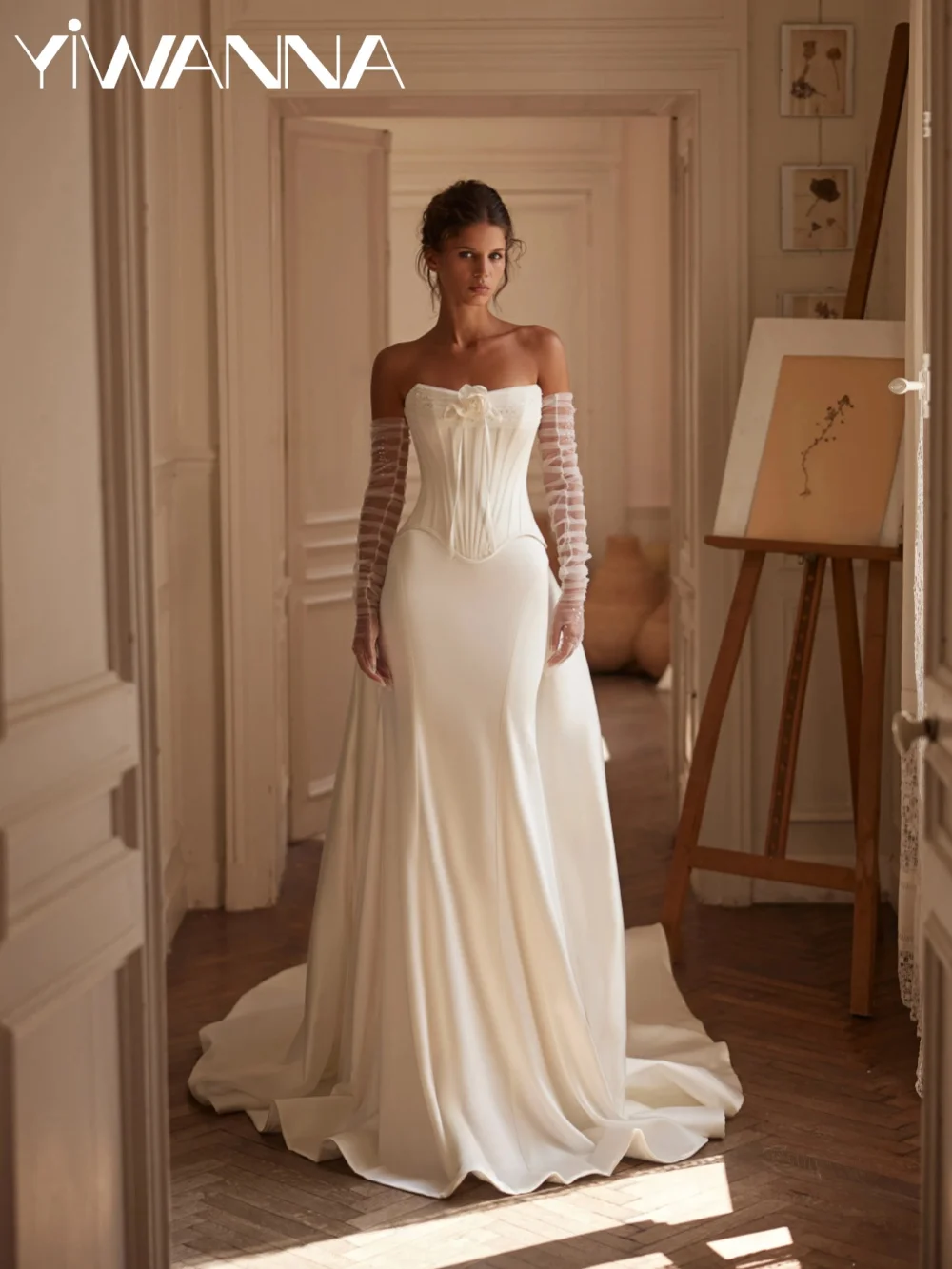 Suknia ślubna w kolorze kości słoniowej z gorsetem, satynowa, długa, z kwiatowym zdobieniem 3D, odpinany tren, suknia ślubna szyta na miarę, bez ramiączek, długa suknia dla panny młodej.