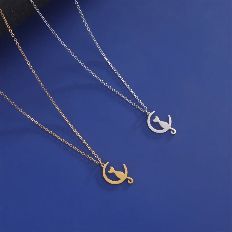 Charme Katze Anhänger Halsketten für Frauen Mädchen Schlüsselbein Mond Kette Choker Halsketten Edelstahl Party Schmuck Geschenke Zubehör – Detail 14