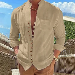 Camisa de lino y algodón para hombre, camisa de color sólido de estilo cubano, camisa informal de manga larga con bolsillo y cuello levantado a la moda