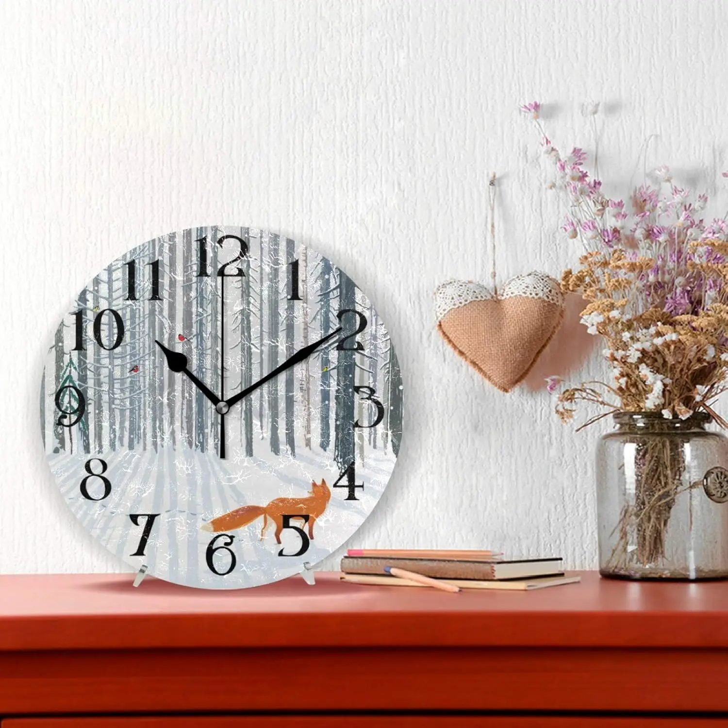 Fox Wall Clock Fox Clocks Battery Operated Bathroom Clock 9.5 Inch Non-Ticking Silent Clocks Winter Forest Quartz Analog Decorat