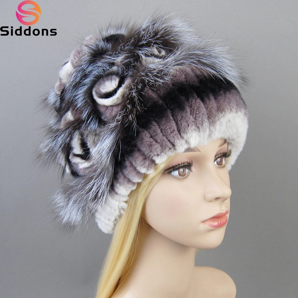 

Women's Winter Fur Hat Natural Fur Knitted Real Rex Rabbit Fur Hats New Style Luxury Women Winter Silver Fox Fur Hat beanies