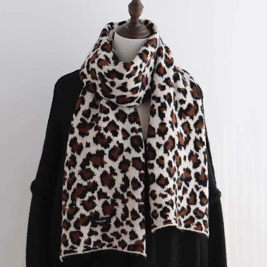 Good Knit Wool Blends Scarf Long Fashion Leopard Print Winter Thick Neckerchief Women Warm Pashmina Shawl