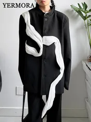YERMORA Black Spliced Ribbon Casual Vintage Blazer For Women Stand Collar Long Sleeve Jacket Fashion Spring Autumn 2025 New A593