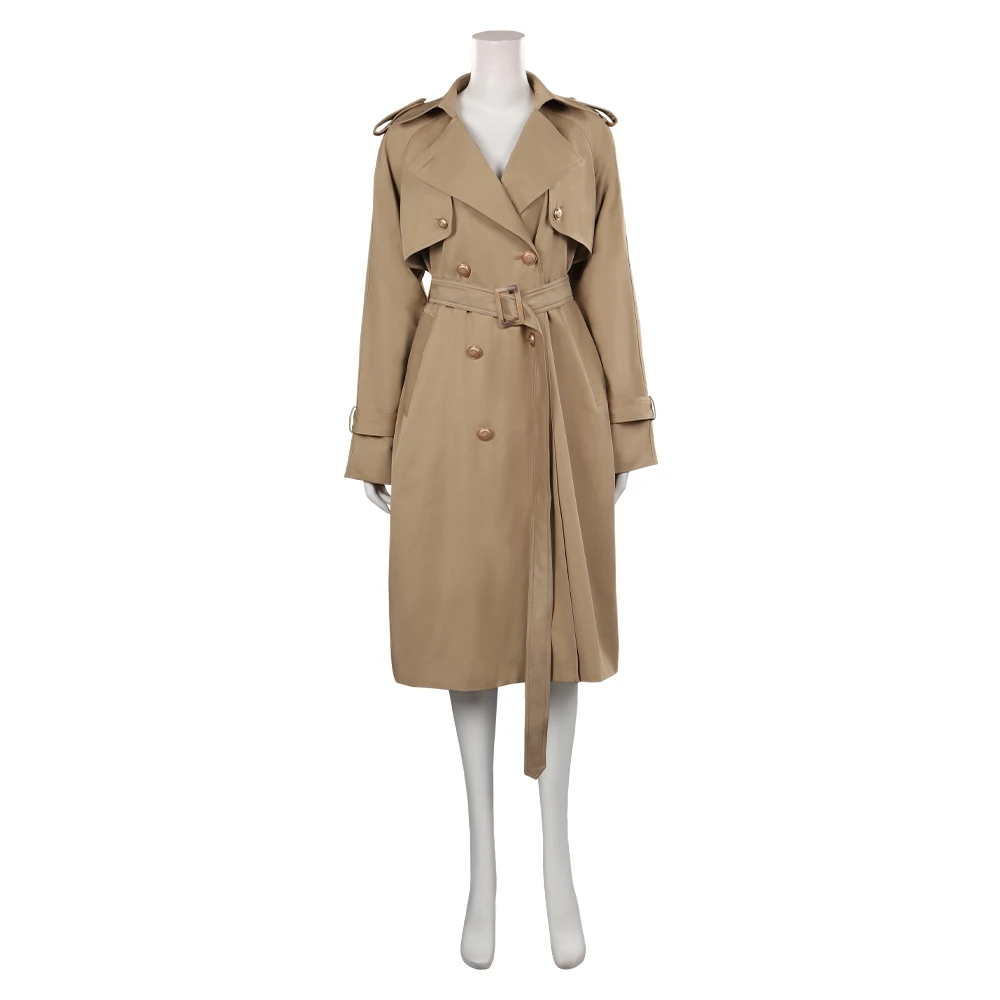 Women Classic Lapel Overcoat Female Khaki Double Breasted Belt Loose Jackets Long Trench Coat Halloween Party Role Play Suit