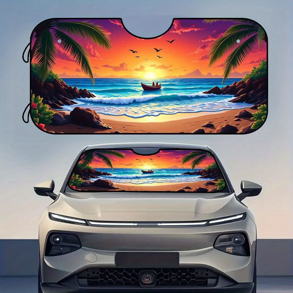 

1pc Tropical Sunset Beach Palm Trees Print Car Windshield Sun Shade - Foldable Front Sun Visor, Fit For All Vehicles, Durable Po