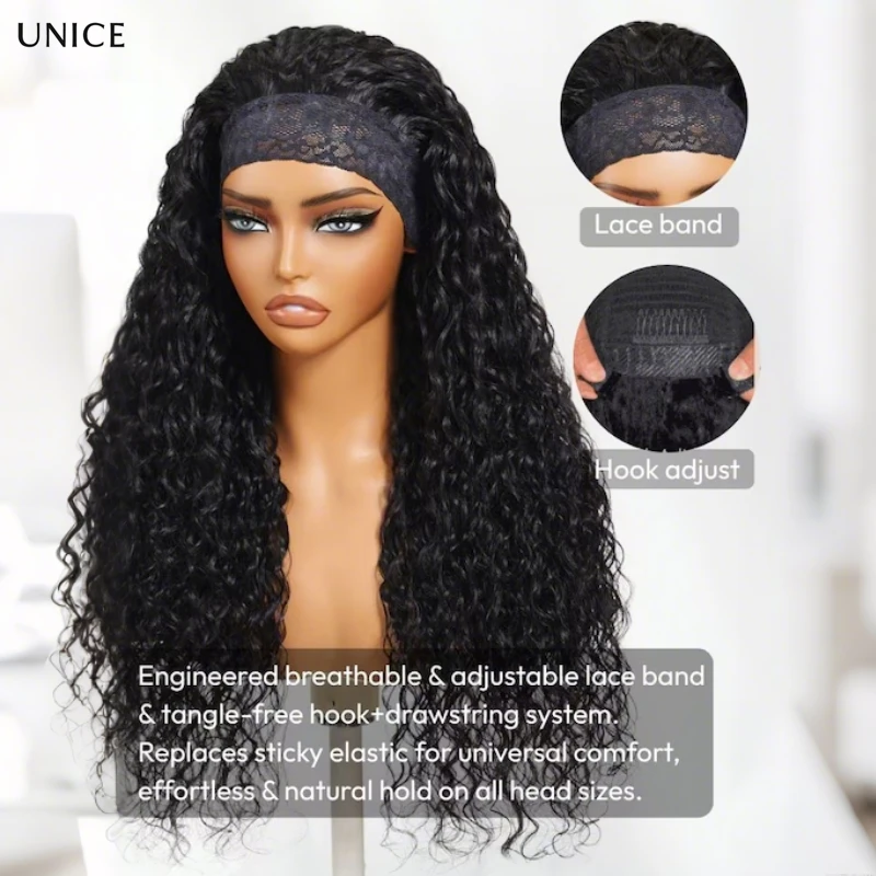 Unice موجة المياه شعر مستعار عقال مع غطاء الرباط 100% شعر الإنسان غلويليس الوجه على شعر مستعار لا ترك #5