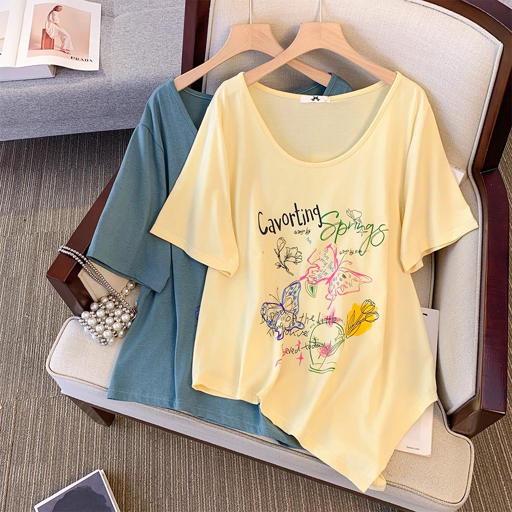 

Summer New Plus Size Women's Round Neck Butterfly Print Yellow T-shirt Casual Loose Commuter Irregular Hem Short Sleeve