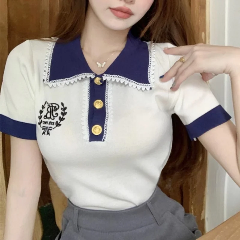 Frence Navy POLO Collar White Shirts Summer Kintting Short Sleeve Soft T-shirts Button Up Lapel Neck Top Elegant Women Sweet Tee