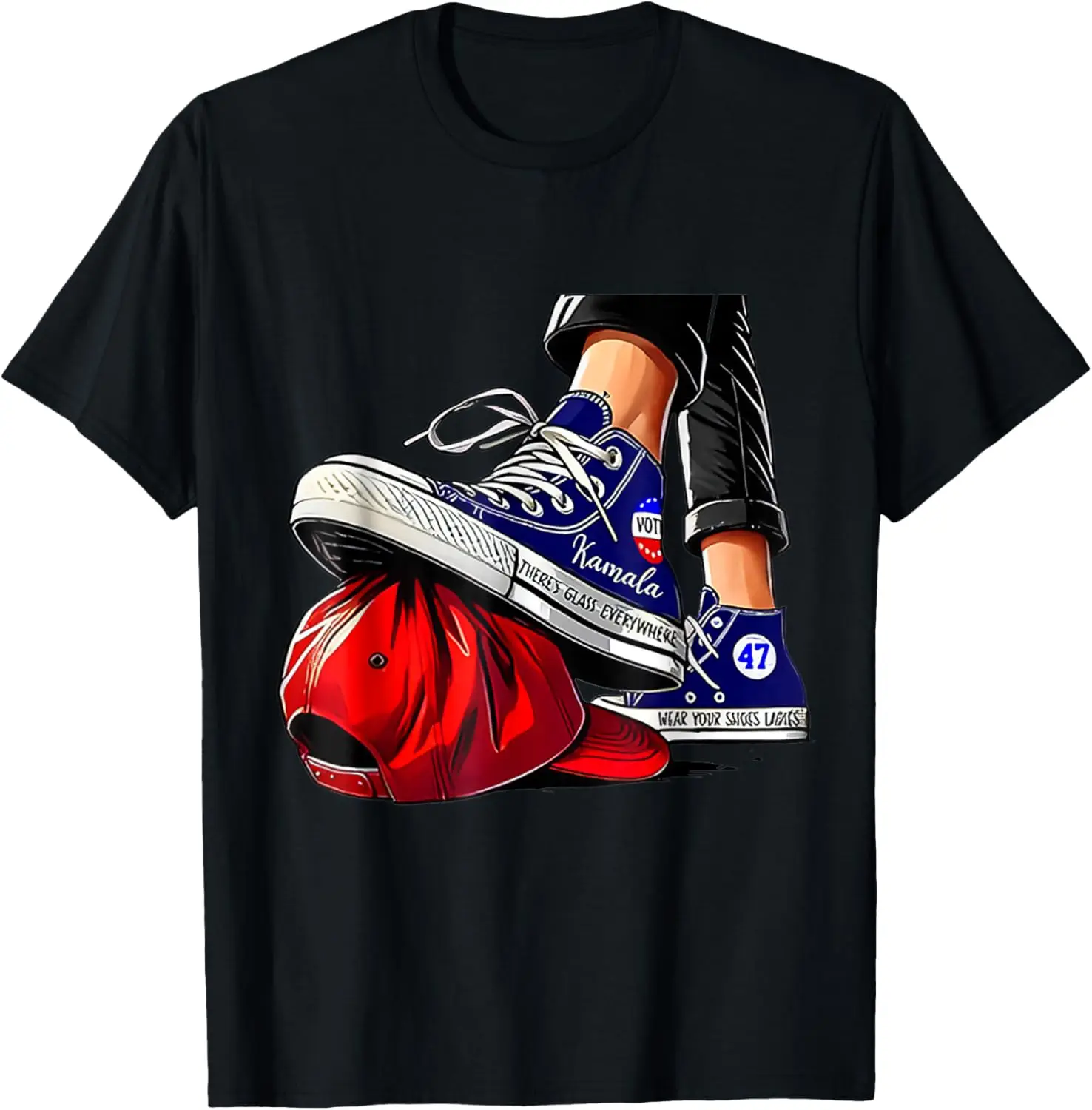 Camiseta Kamala Harris com salto alto pisando em chapéu MAGA vermelho
