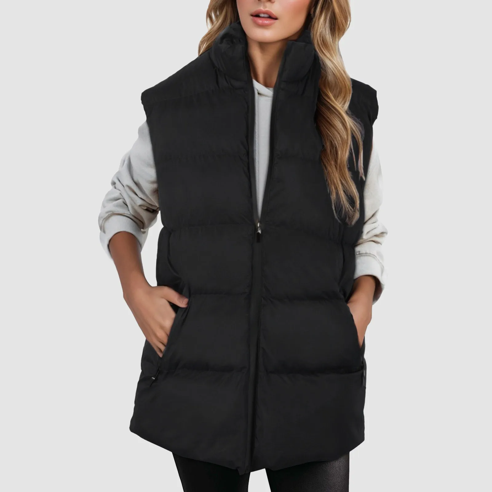 Outerwear Sleeveless Stand Collar Slant Pockets Zipper Vest Overcoat Women Winter Removable Hat Warm Cotton Padded Waistcoat