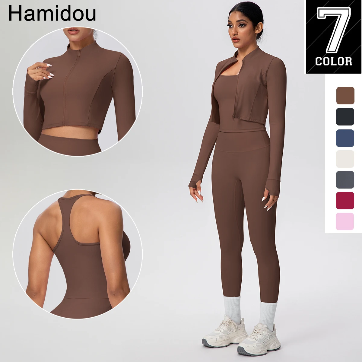 Yoga Three Piece Set Female Sportswear Solid Color Yoga Zipper Long Sleeves Backless Vest Outdoor Running Fitness Pants Yoga Set