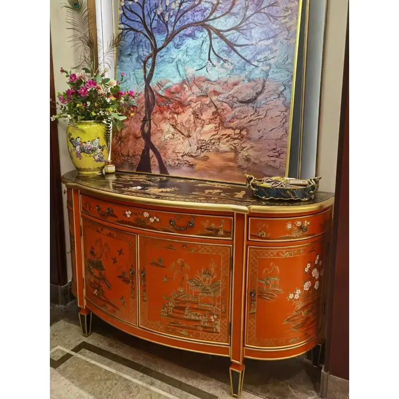 

European and American antique painted villa large entrance cabinet, new Chinese orange-red dining side cabinet, high-end foyer d