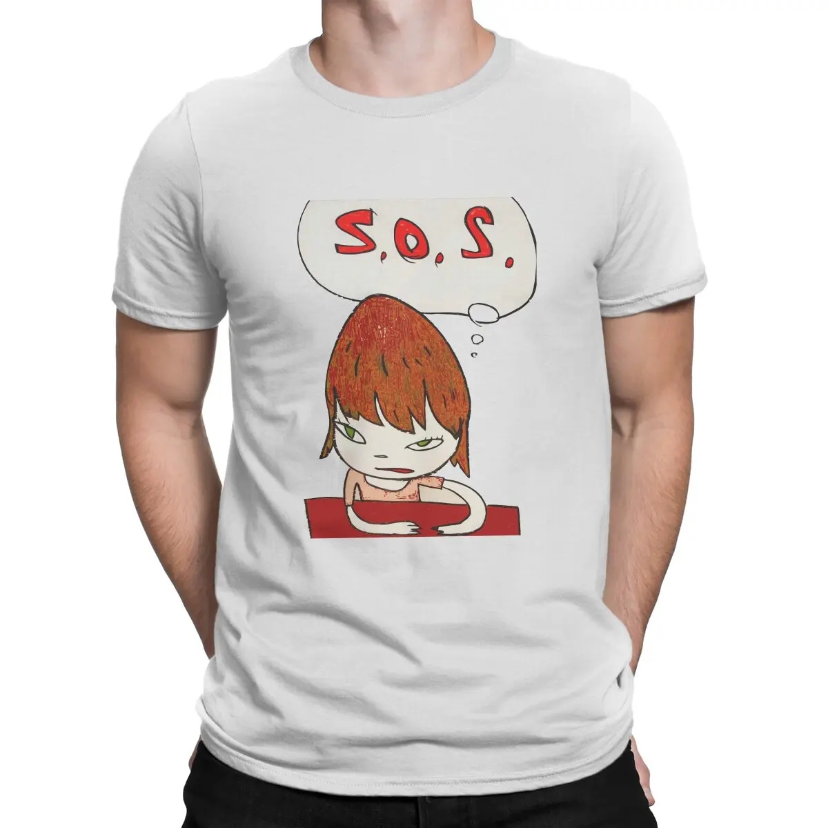 Yoshitomo Nara Japanese Artist S.O.S T Shirt Fashion Men Polyester Tees Summer Clothing Harajuku Crewneck TShirt