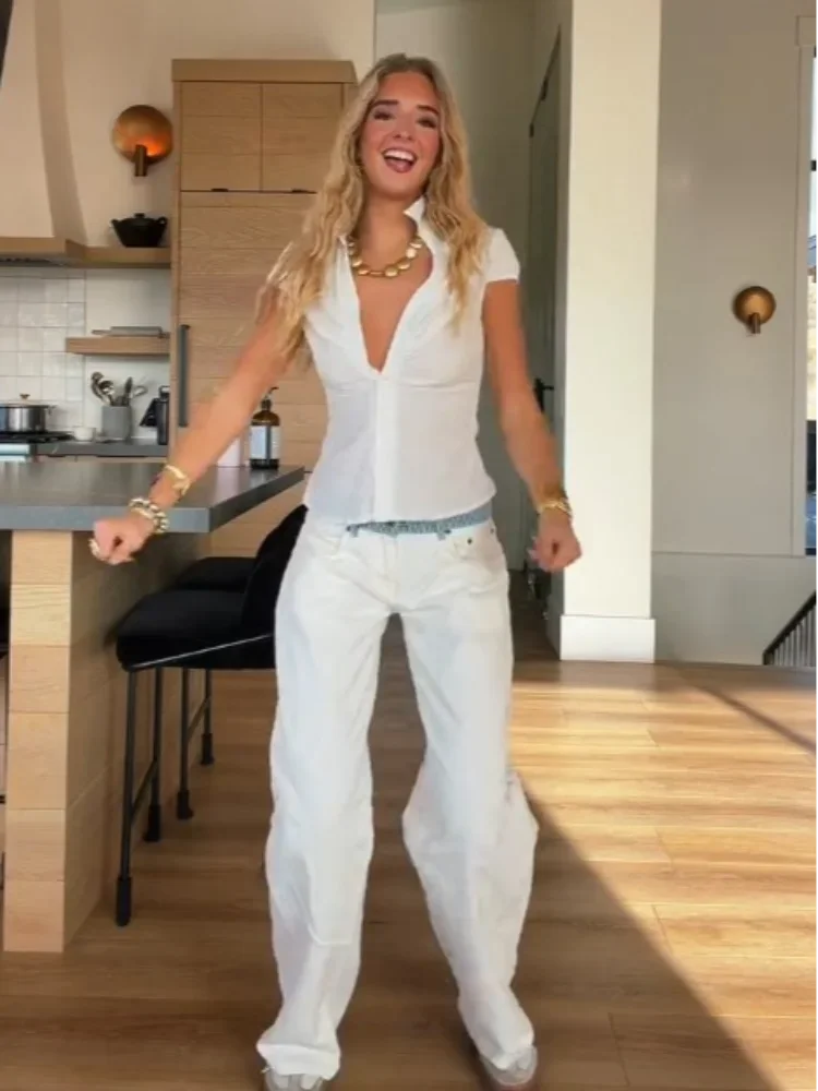 Women Contrast Striped Waistband Button Closure Straight Wide Leg Pants Classic Casual Long Trousers Trendy Daily Street Wear