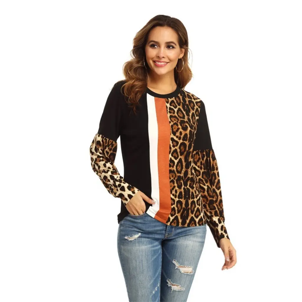 

Leopard Print Contrast Color Long Sleeve Women's Top T-shirt Autumn Winter Fashion Casual Style European American Design