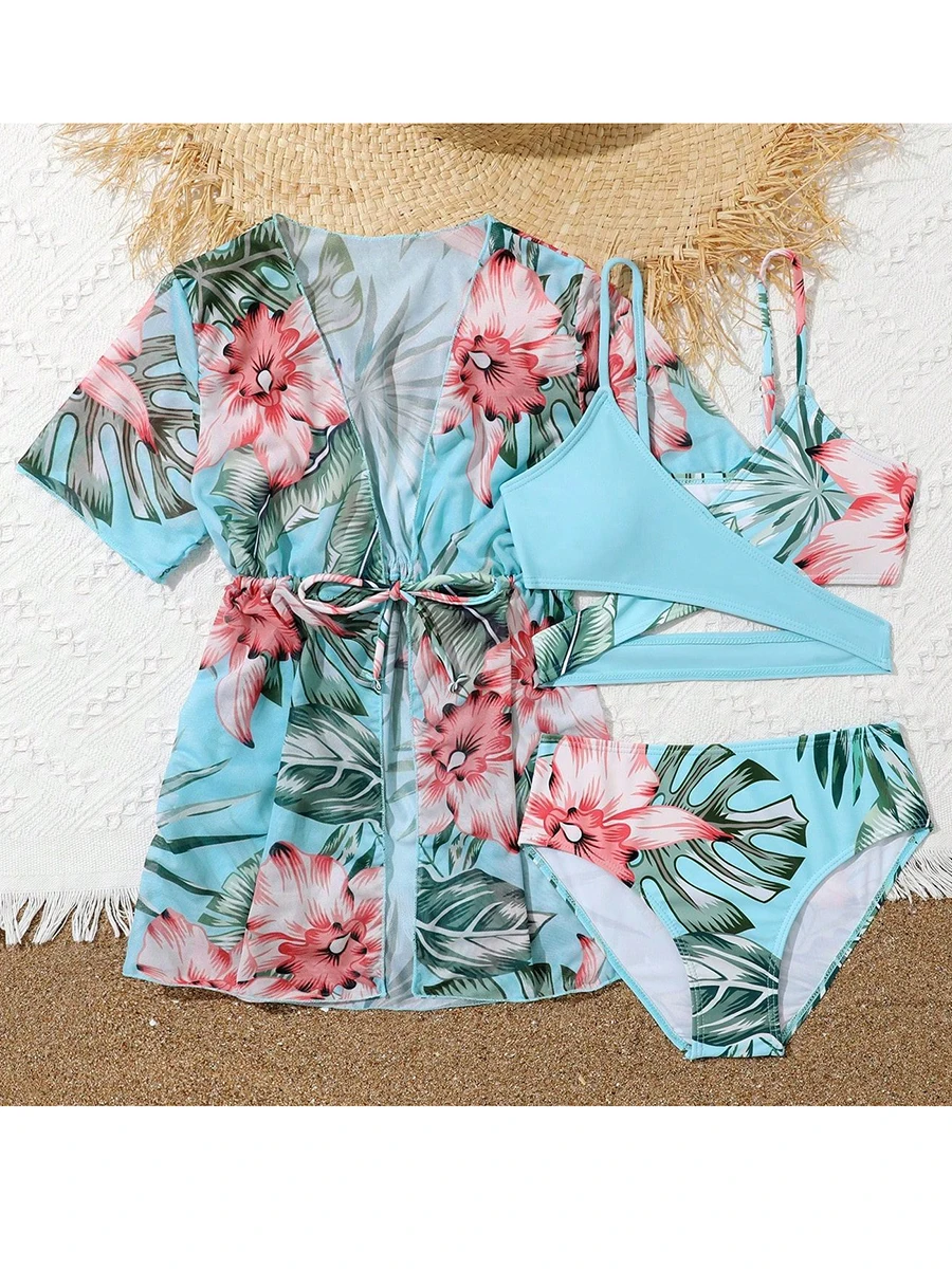 

3 Pieces Bikini 2025 Girls Swimsuit Short Sleeve Kids Swimwear Female Children's Bathers Bathing Swimming Swim Suit Beachwear