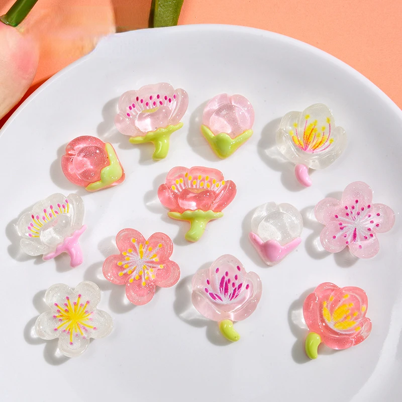 10pcs Kawaii Cartoon Cherry Blossoms Flat Back Stone Scrapbook Figurine Diy Wedding Hairpin Mobile Phone Case Accessories