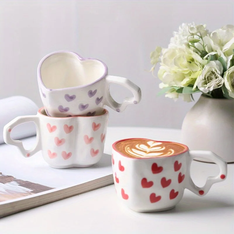 Ceramic Heart-Shaped Handle Espresso Cups - 1pc Hand-Painted Love Coffee Mug, Cute Milk Cup for Office and Relaxing Use