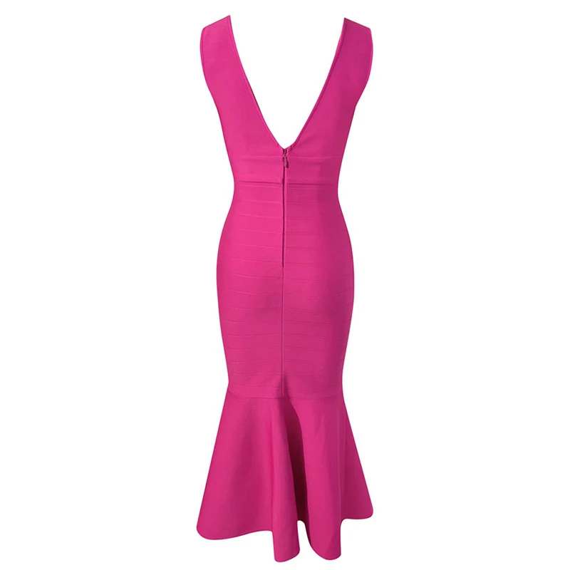 MSMUSI-vestido Midi ajustado sin mangas para mujer, prenda Sexy con cuello de pico, volantes, drapeado, vendaje, Bodycon, fiesta, evento, Club, 2024