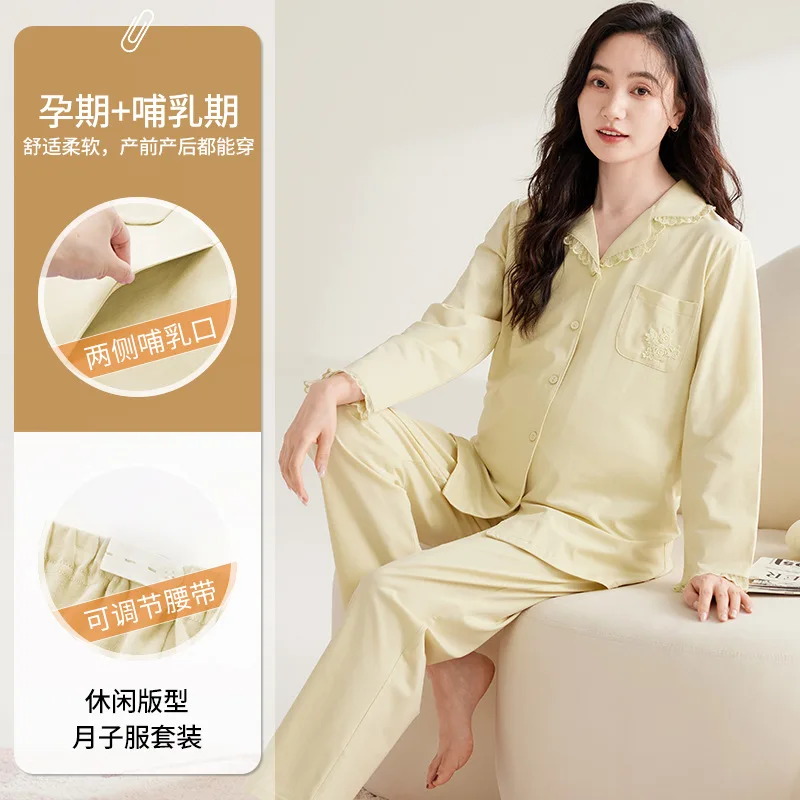 Maternity Women Pajamas Set Pregnant Pure Cotton Breastfeeding Loungewear Sweet Long Sleeve Trousers Cardigan 2 Piece Set Pjs view 3