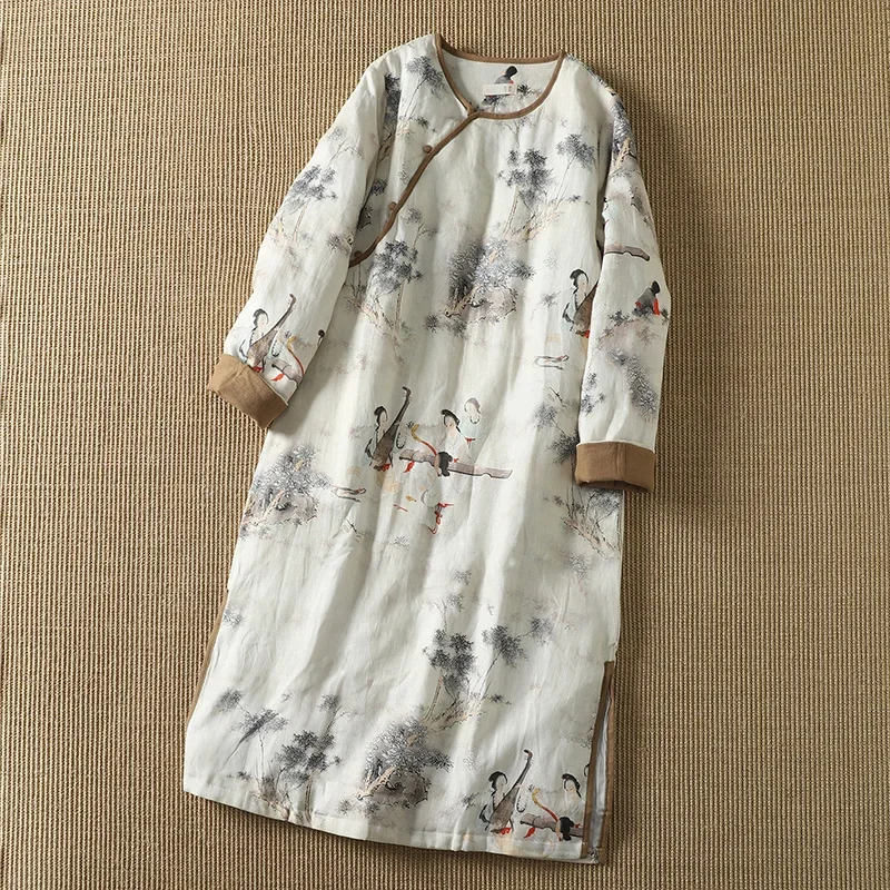 Vintage Cotton Coat Women's Autumn Winter Long Sleeve Dress Chinese Style Padded Jacket Vintage Buttoning Linen Dress