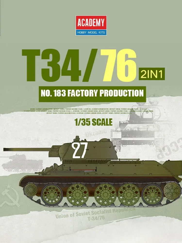 

Academy Assembly Model Kit 13505 Soviet/T34/76 Medium Tank No 183 Factory Production 1/35