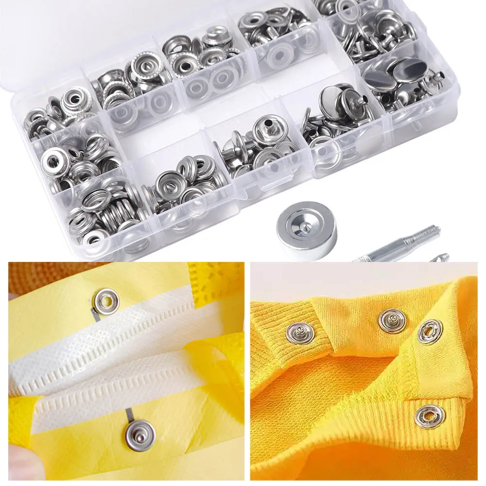 

200Pcs Stainless Steel Snap Fastener Kit Boxed with 3 Fixing Tools Snaps Buttons Set Repair Decoration Double Cap