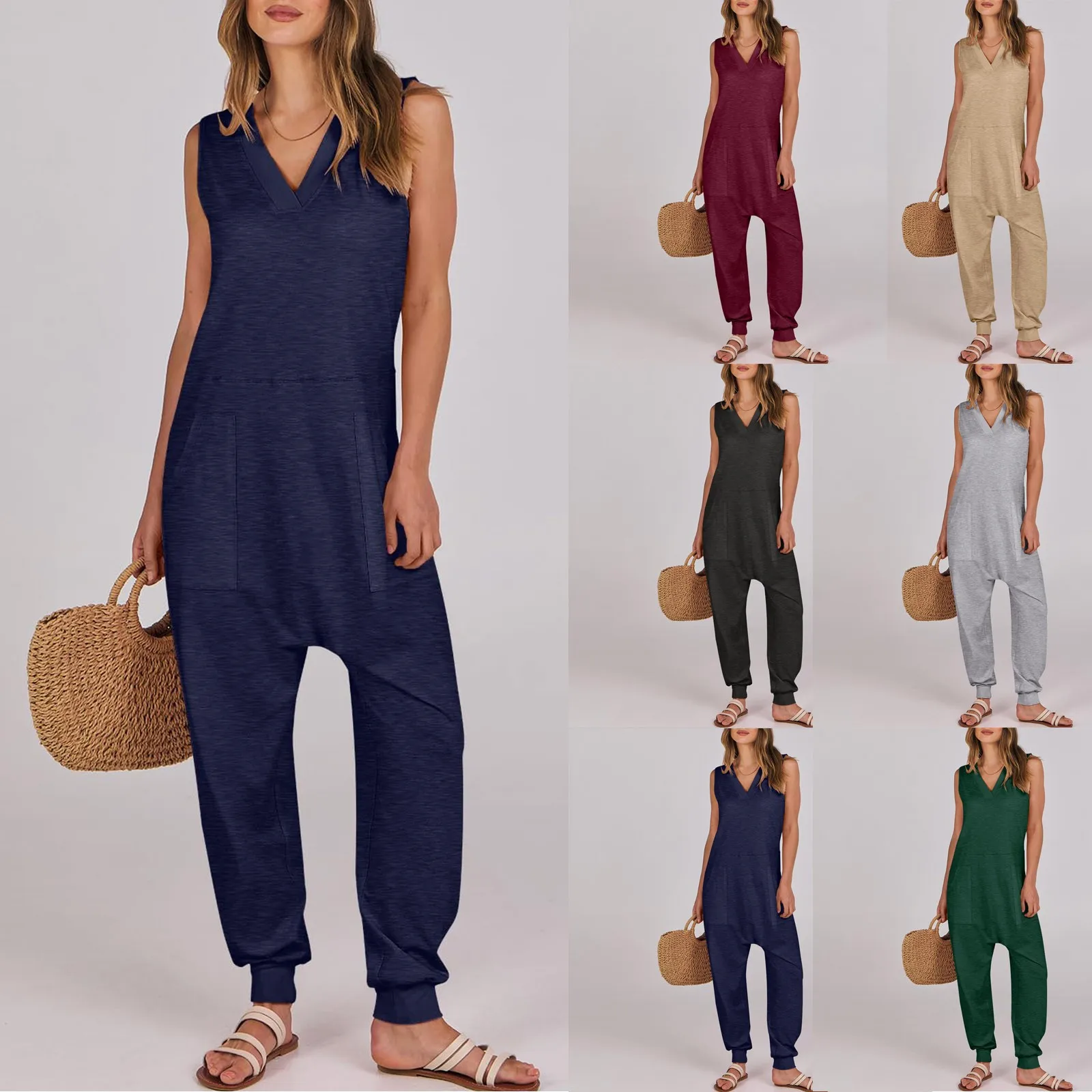 Women's Solid Sleeveless Dungaree Casual Jumpsuit Overalls Bibs Loose Long Pants Romper Plus Size High Quality Clothings