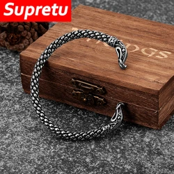 Vintage Gun Black Vikings Dragon Cuff Bangles Men Stainless Steel Norse Runes Opening Bracelets Punk Scandinavian Jewelry Gifts
