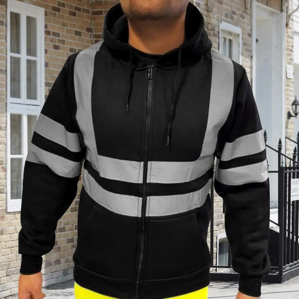 Fleece Reflective Men Hoodie Autumn Warm Reflective Strip Sweatshirt High Visibility Reflective Safety Hoodie Safe Jogger Jacket