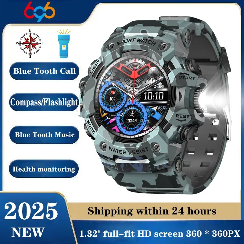 

Flashlight Outdoor Sports Smart Watches Men Blue Tooth Call Smartwatch Compass Waterproof Sleep Health Monitoring Message Push