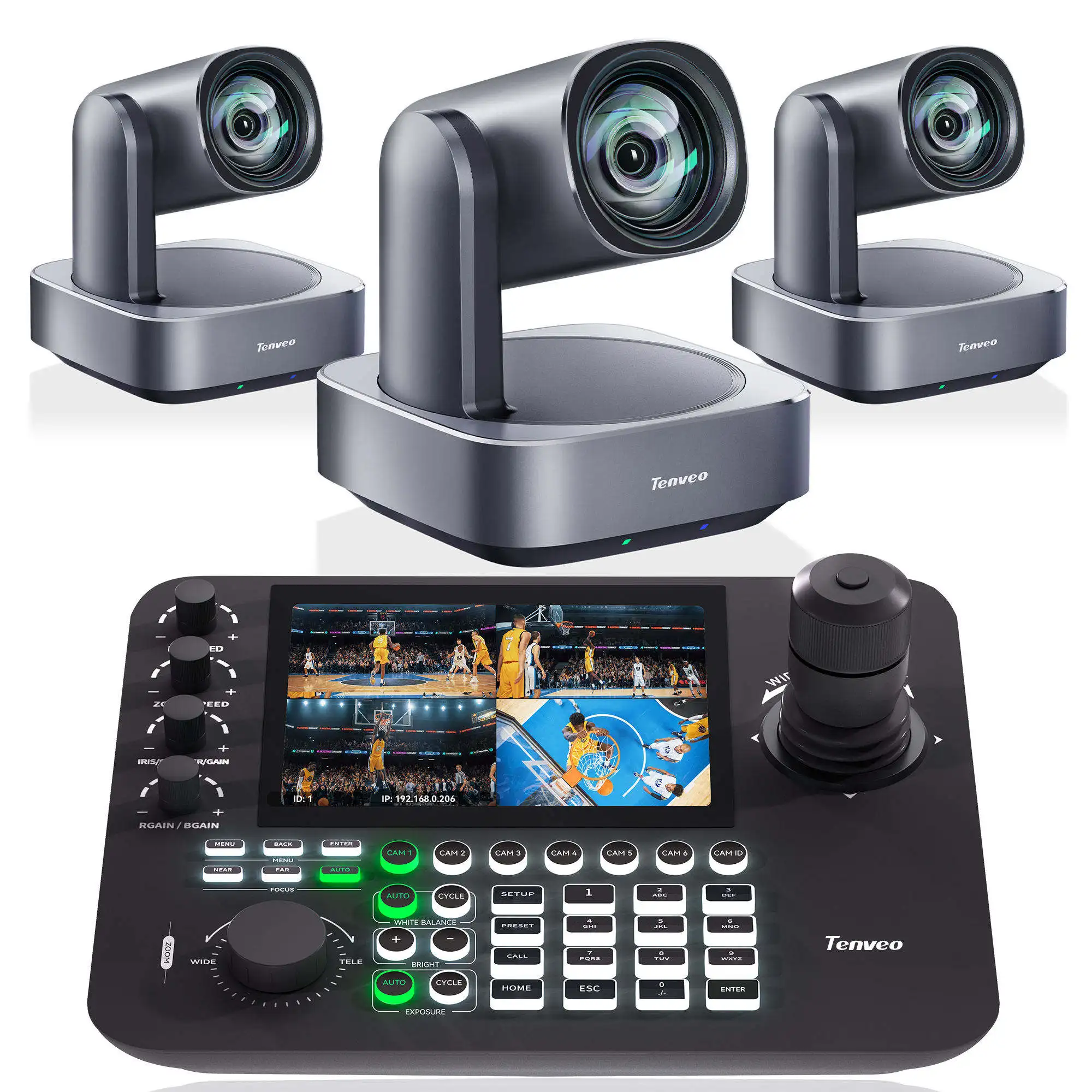 Tenveo 3 NDI VL12U 4K PTZ Camears with Joystick Keyboard Controller 7 Inch 4-Split-LCD 4D Joystick PoE Video Conference System