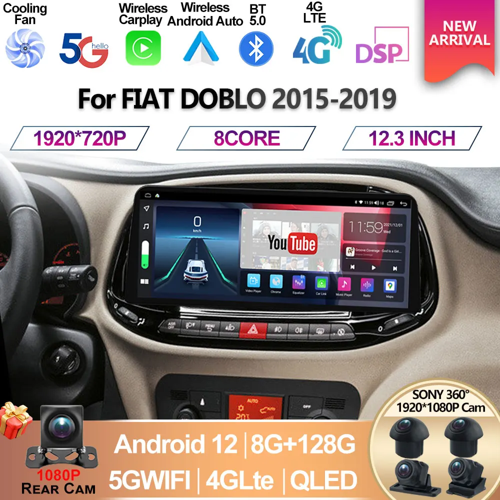 

For Fiat DOBLO/YENI KASA 2015 - 2019 Android 12 12.3inch Carplay Car Radio 2din Android Auto 4G 5G Multimedia GPS autoradio DSP