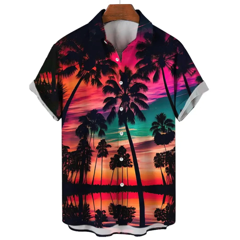 Hawaiian Shirts For Men Loose Fit Tops For Beach Party Men Casual Wear Palm Island View Print Summer Comfortable Wear For Men