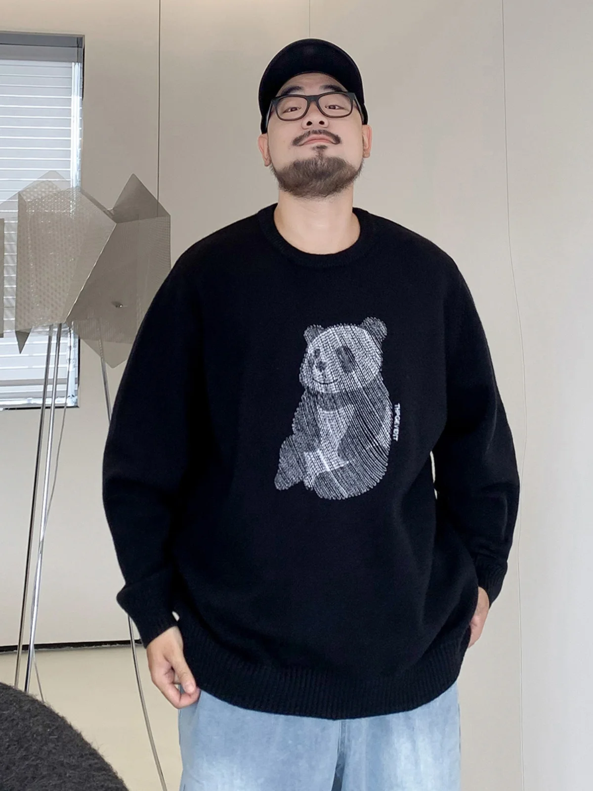 

Trendy Large Size Men's round Ne Knitwear Casual Inner Wear Panda Embroidery Loose Fit Winter Faion Youthful Sle Long S...