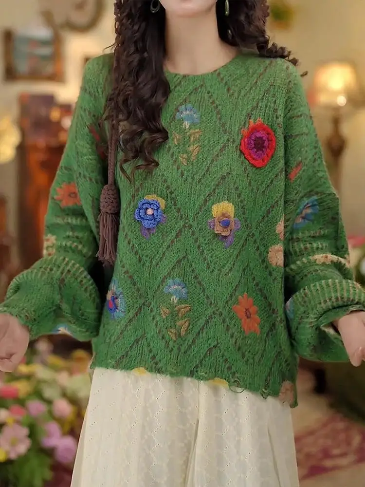 

Ladies Loose Knitted Sweater Winter New Sle Ele Design Flower Lantern Sve Sweater Comfortable Fit round Ne Long Sl...