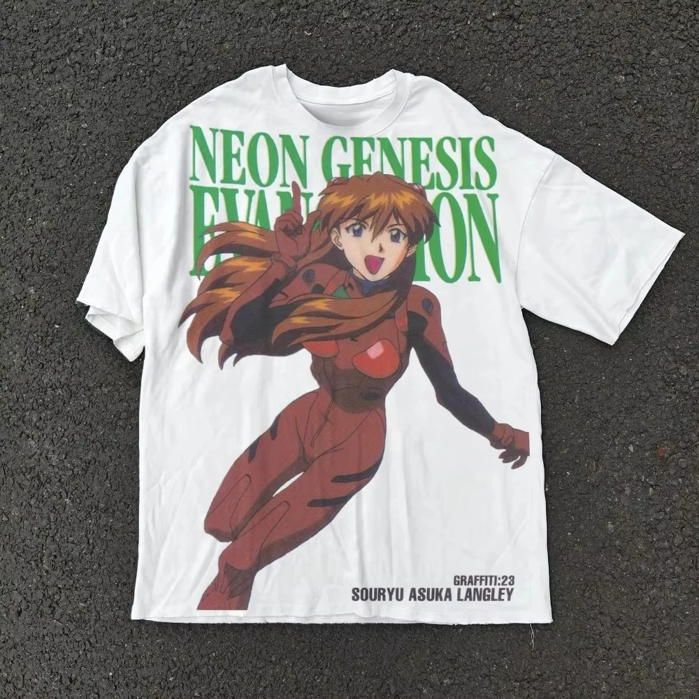 Camiseta Evangelion Asuka Soryu Roja con Diseño de Plugsuit, Camiseta de Algodón Grueso con Efecto Desgastado, Camiseta Gráfica de Manga Corta para Hombre y Mujer
