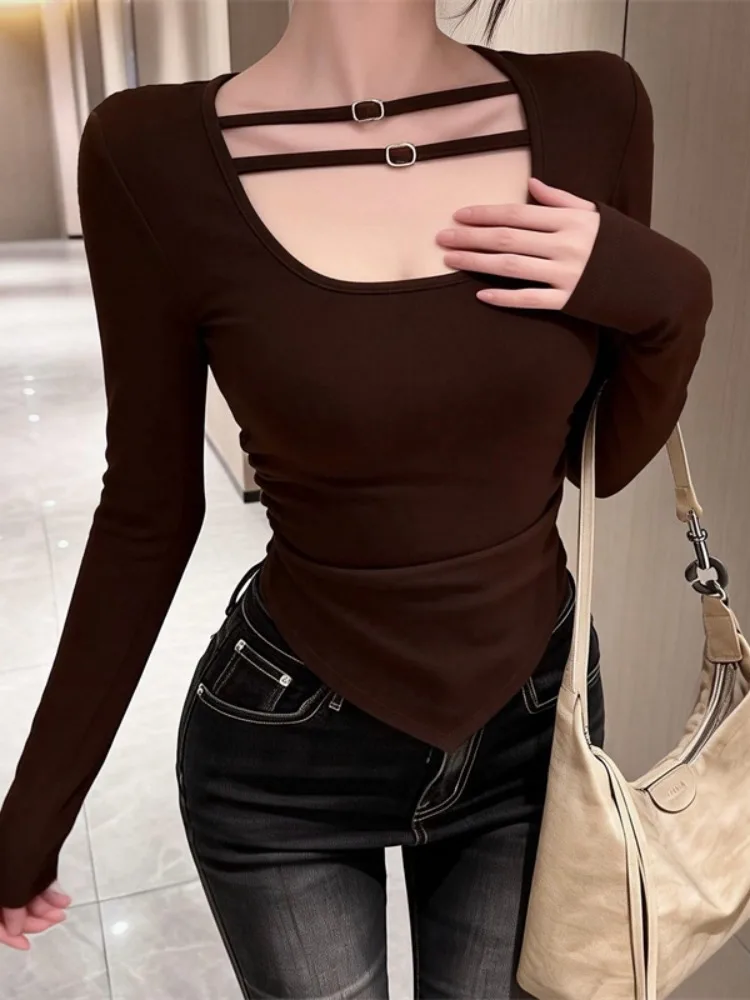 

Slim Fit Long Sleeve T-Shirt Women's Spring New Style Pleated Waist Design Casual Base Layer Top Unusual Design Polyester Fiber