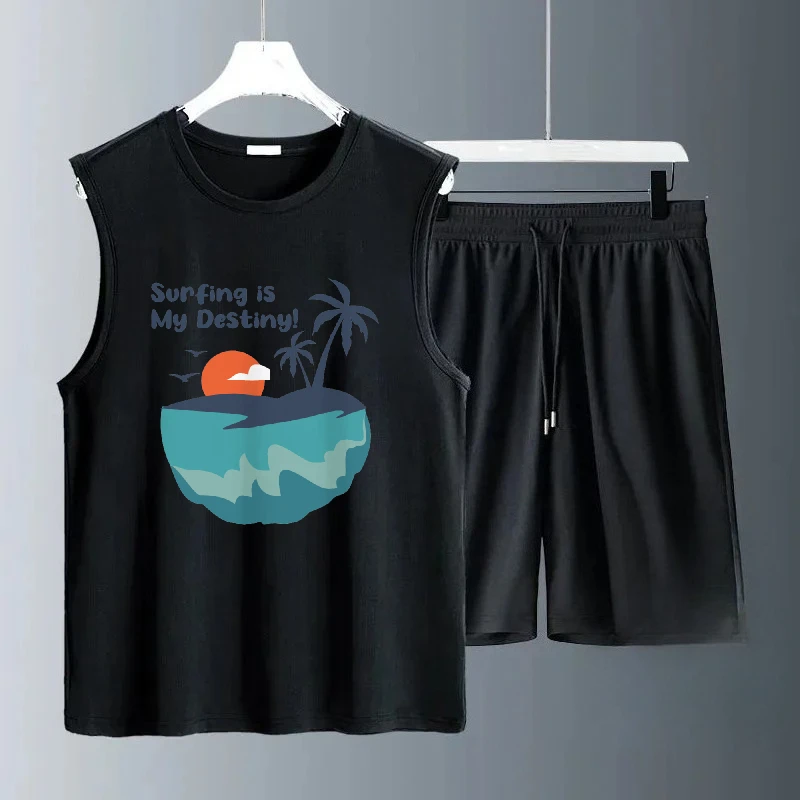 

2025 Summer Daily Wear Men's Dolphin Bay Moon Print Sets Sleeveless Casual Comfortable Lightweight Outfit for Men suits gym set