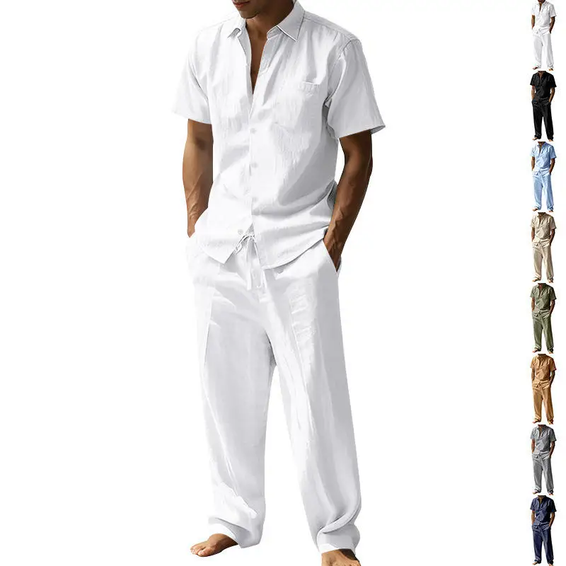 

Summer Linen Short Sleeve Shirt Set Men Casual Long Pants Two Piece Set Transient Men's Clothing Youth Style Classic Collar